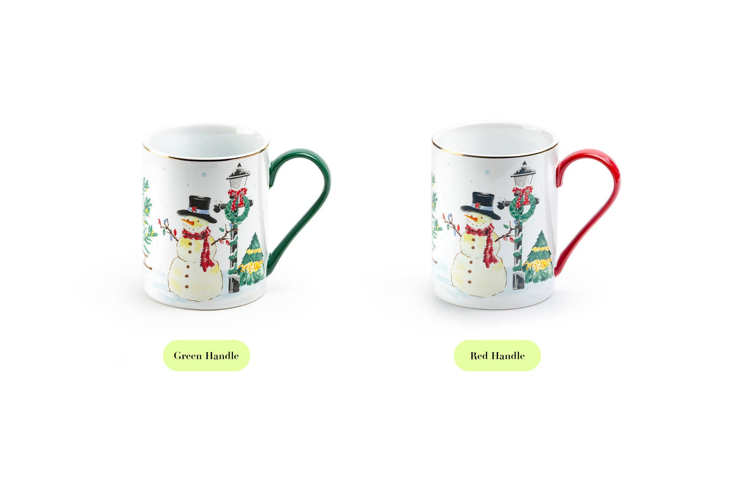 Jolly Snowman 11oz Fine Porcelain Mug with Green Handle