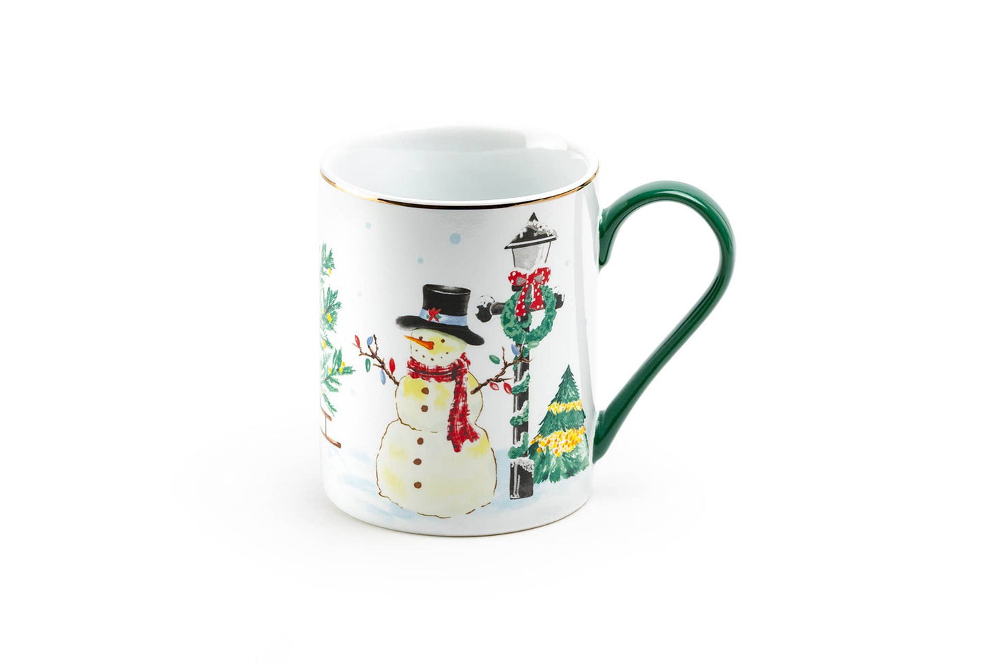 Jolly Snowman 11oz Fine Porcelain Mug with Green Handle